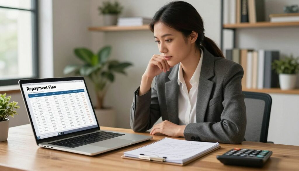 A comprehensive overview of a repayment plan, presented visually and elaborately. In the foreground, a sleek wooden table holds an open laptop displaying a detailed spreadsheet of repayment timelines and amounts due. Beside it, a notepad with handwritten notes and a calculator. In the middle, a confident individual in business attire, female, focused on analyzing the data, with a thoughtful expression. The background features a softly lit modern office space with plants and shelves of financial books. Natural lighting filters through a nearby window, creating a warm atmosphere. The image should evoke feelings of organization and clarity in financial planning, captured with a photorealistic style using a DSLR 85mm lens, showcasing realistic imperfections.