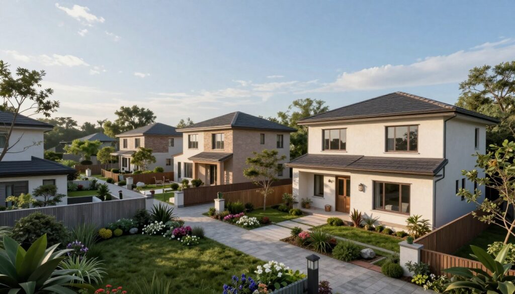 A detailed and photorealistic depiction of a developed property, showcasing various aspects like residential buildings, gardens, and pathways. In the foreground, a well-maintained garden with flowers and shrubs, leading to a cozy house with a modern design. The middle section features several houses, highlighting different architectural styles, blending harmoniously within the landscape. The background presents a clear blue sky with soft clouds, and distant trees framing the scene. The lighting is soft and natural, simulating an afternoon sun, emphasizing shadows and details on the surfaces. The composition should invoke a sense of tranquility and professionalism, suitable for discussing tax aspects of developed land. Captured with a DSLR 85mm lens, the image reflects realistic imperfections and textures, maintaining a clear focus on the properties.