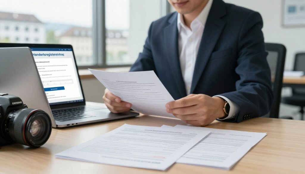 A detailed depiction of a Swiss business registration process, showcasing a modern office environment. In the foreground, a table with essential documents and a laptop open to a digital Handelsregistereintrag interface. In the middle ground, a professional individual, dressed in smart business attire, is reviewing paperwork with focused intent. In the background, a large window allows natural light to pour in, revealing a cityscape of Swiss architecture. The room exudes a serious, yet hopeful atmosphere, reflecting the importance of the registration process. Capture the scene with a DSLR 85mm lens to emphasize depth and realism, incorporating realistic imperfections in textures and lighting that evoke a genuine work setting. No text, logos, or watermarks should be present.