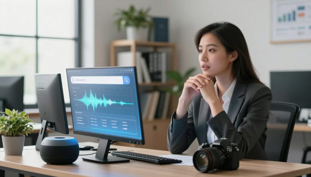 A modern office environment with a focus on voice search optimization. In the foreground, a professional woman in business attire sits at a sleek desk, speaking into a smart speaker, her expression engaged and thoughtful. The middle layer features a digital interface displaying audio waveforms and search queries, floating above the desk. In the background, soft natural lighting filters through large windows, illuminating a bookshelf with technology and marketing books, and a potted plant adds a touch of freshness. The overall atmosphere is productive and innovative, evoking a sense of forward-thinking technology. The image is captured with a DSLR 85mm lens to ensure a photorealistic depth of field, highlighting the blend of human interaction and digital technology.