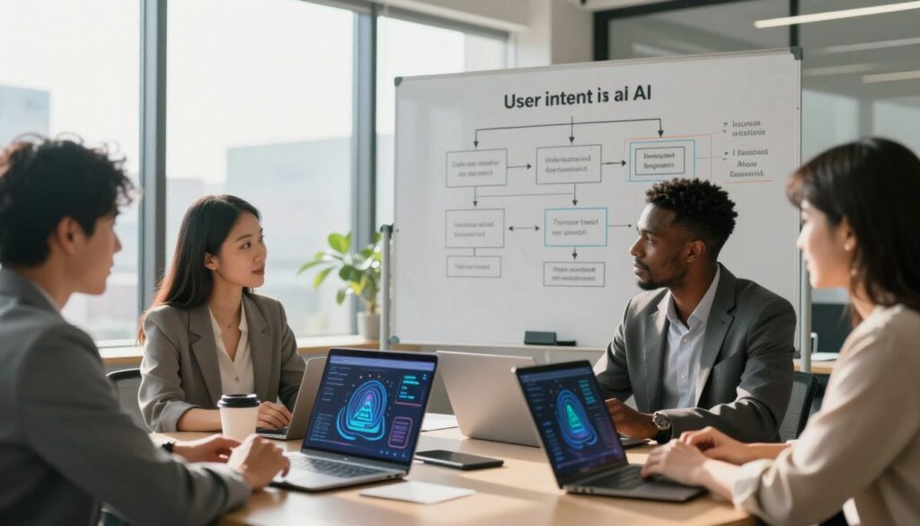 A photorealistic depiction of a modern office environment focusing on the theme of user intent in AI queries. In the foreground, a diverse group of three professionals, one Asian woman, one Black man, and one Hispanic woman, are engaged in a thoughtful discussion around a sleek conference table with laptops and AI-themed graphics displayed on their screens. In the middle ground, a large whiteboard showcases a flowchart that illustrates the process of understanding user intent in AI, with arrows and keywords. The background features a floor-to-ceiling window with natural sunlight streaming in, creating a warm and inviting atmosphere. The image should evoke a sense of collaboration and innovation, captured with a DSLR 85mm lens that highlights realistic imperfections and depth.