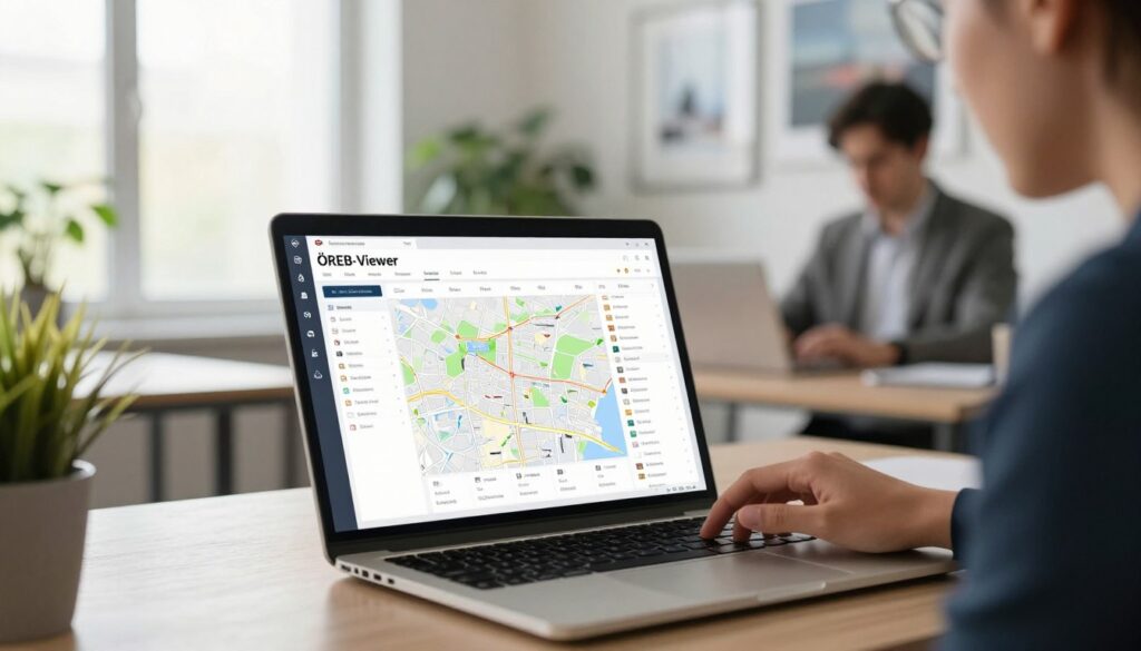 A photorealistic digital workspace showcasing the "ÖREB-Viewer" tool for property search in Switzerland. In the foreground, a sleek laptop displays an interactive map interface with detailed property listings. The middle layer features a person in professional business attire, focused intently on the screen, visibly analyzing data and property plots. The background includes a bright and inviting office environment with large windows allowing natural light to flood in, illuminating elements like a modern desk, potted plants, and inspiring artwork. The atmosphere is productive and engaging, emphasizing the importance of digital tools in real estate. Captured with a DSLR using an 85mm lens to highlight depth and realistic imperfections, creating an immersive experience.