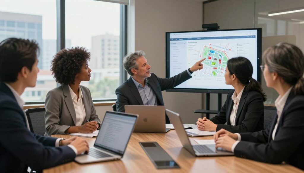 A professional business meeting scene in an office setting, showcasing a diverse group of individuals in professional attire engaged in a thoughtful discussion about a land auction process. In the foreground, a polished conference table with documents and digital devices representing communication tools. In the middle, a group of three individuals: a middle-aged Caucasian man, a young Black woman, and an older Asian woman, all animatedly exchanging ideas, with one pointing at a digital presentation of property listings projected on a screen. The background features large windows letting in natural light, cityscape views, and modern office decor. The mood is collaborative and focused, illuminated by soft, warm lighting, capturing the essence of teamwork and strategic planning in real estate marketing.