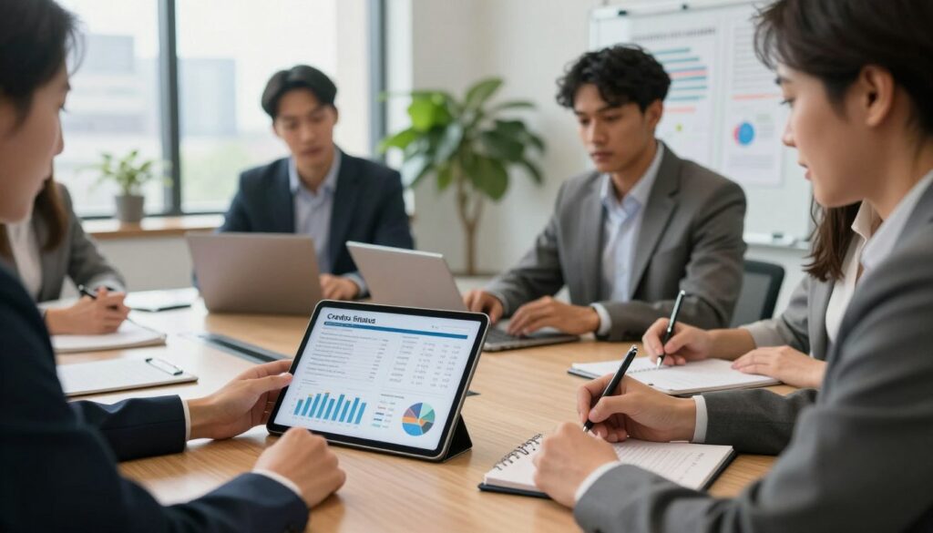 A professional office setting featuring a diverse group of individuals, each dressed in business attire, gathered around a large conference table. In the foreground, one person is closely examining a digital tablet displaying various statistics related to credit applications, while another is taking notes with a pen on a notepad. The middle ground captures a light-filled room with a large window showing a cityscape, several potted plants, and a whiteboard filled with optimization strategies. The background is softly blurred, maintaining focus on the subjects and their interaction. The scene is illuminated with natural lighting, creating a warm and collaborative atmosphere, emphasizing the importance of checking one's credit status and refining the application process. Photorealistic details and subtle imperfections enhance realism.