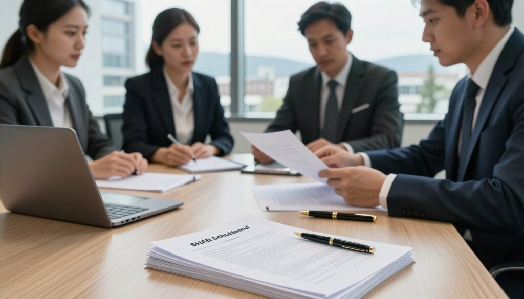 A professional office setting in Switzerland, focusing on a meeting table filled with essential legal documents related to company liquidation. In the foreground, a stack of papers labeled "SHAB Schuldenruf" prominently displayed, alongside a closed laptop and an elegant fountain pen. The middle ground features a diverse group of three business professionals, including one woman and two men, all dressed in sharp business attire, discussing and analyzing the paperwork. The background showcases a large window with natural light pouring in, highlighting a panoramic cityscape of Zurich. The atmosphere is serious yet collaborative, evoking a sense of urgency and professionalism. The image is set to capture realistic imperfections, with a shallow depth of field, shot using a DSLR 85mm lens for a photorealistic effect.