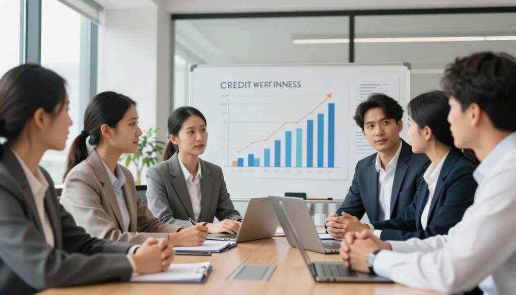 A professional setting showcasing a business meeting focused on improving creditworthiness. In the foreground, a diverse group of individuals is engaged in discussion, dressed in business attire, with a serious yet optimistic expression. In the middle, a large whiteboard displays charts and graphs illustrating financial strategies, emphasizing growth and credit improvement techniques. The background features a modern office environment with large windows allowing natural light to illuminate the scene, creating a warm and inviting atmosphere. The use of a DSLR 85mm lens captures realistic details and imperfections, enhancing the photorealistic quality of the image. The overall mood is of collaboration and empowerment, reflecting determination to improve credit capability.