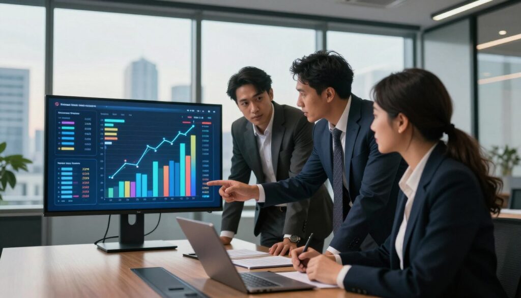 A sleek, modern office space with a large glass window showcasing a cityscape in the background. In the foreground, a diverse group of three professionals—two men in business suits and one woman in smart casual attire—are intensely analyzing a vibrant digital chart displayed on a high-tech screen showing comparisons of revenue and profit. The screen glows softly, illuminating their focused faces. The lighting is warm and natural, emphasizing the seriousness of their discussion. A polished conference table with a few financial documents and a laptop adds to the context. Shot with an 85mm lens for a shallow depth of field, creating a professional and engaging atmosphere with realistic imperfections.