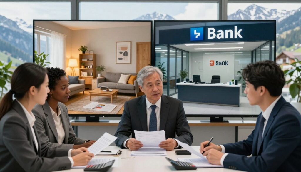 A split-screen image contrasting private loans and bank loans in a Swiss financial context. The foreground features a diverse group of three professionals in business attire discussing over a table filled with documents and calculators, showing collaboration. The middle layer showcases two distinct sides: one illustrating a cozy, homey office representing private loans with warm lighting, plants, and personal touches; the other depicting a formal, sleek bank office with modern architecture and cool lighting representing bank loans. In the background, a panoramic view of the Swiss Alps visible through large windows adds context. Use a photorealistic style with natural lighting, captured with an 85mm DSLR lens to emphasize realistic imperfections and details, creating an informative and professional atmosphere.