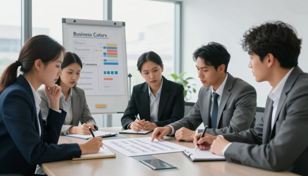 A thoughtful business meeting scene in a modern office setting. In the foreground, a group of diverse professionals in business attire are gathered around a sleek conference table, reviewing documents and brainstorming ideas for business names. One individual is pointing at a large notepad filled with potential names, while others are taking notes or discussing enthusiastically. In the middle ground, a whiteboard displays charts and keywords related to branding and selection criteria. The background features large windows with natural lighting streaming in, providing a bright and airy atmosphere. The image captures the mood of collaboration and creativity, emphasizing focus and professionalism, with realistic imperfections on surfaces and an overall photorealistic quality shot with a DSLR 85mm lens.