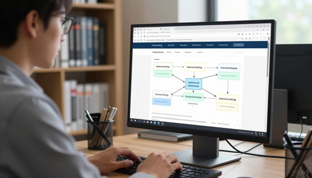 An office setting featuring a professional individual, dressed in business attire, focused on a computer screen displaying a webpage with visible internal links highlighted. In the foreground, the person is intently typing on a keyboard. In the middle ground, the computer screen showcases a detailed diagram of interconnected web pages, illustrating effective internal linking strategies, with arrows indicating the flow between links. The background reveals bookshelves filled with SEO and digital marketing manuals. The scene is illuminated with natural light streaming through a window, creating a warm and productive atmosphere. The shot is taken with a DSLR 85mm lens, emphasizing realistic imperfections for a lifelike effect. An office setting featuring a professional individual, dressed in business attire, focused on a computer screen displaying a webpage with visible internal links highlighted. In the foreground, the person is intently typing on a keyboard. In the middle ground, the computer screen showcases a detailed diagram of interconnected web pages, illustrating effective internal linking strategies, with arrows indicating the flow between links. The background reveals bookshelves filled with SEO and digital marketing manuals. The scene is illuminated with natural light streaming through a window, creating a warm and productive atmosphere. The shot is taken with a DSLR 85mm lens, emphasizing realistic imperfections for a lifelike effect.