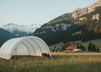 Mobile Rundbogenhalle in Schweizer Alpenlandschaft mit Chalet und schneebedeckten Bergen